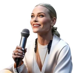 AI Voice Margot Robbie holding a mic